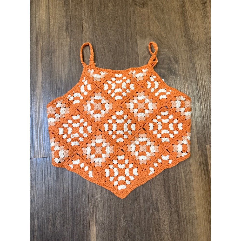 Forever 21 Crochet‎ Cami Top Women Small Orange Granny Square Handkerchief Boho